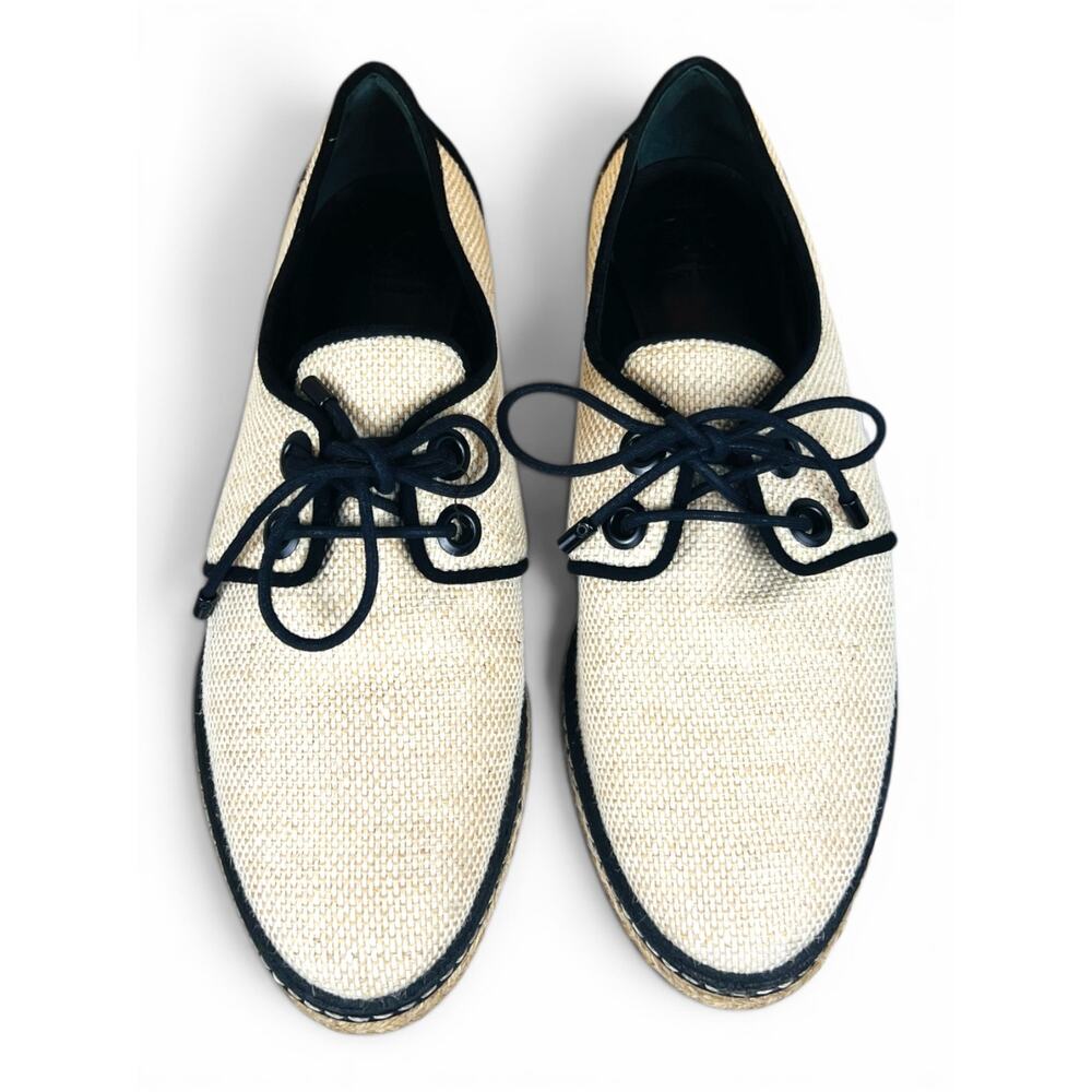 Tory Burch Fawn Canvas Espadrille Oxford Shoes Size 6.5 Lace Up Raffia Jute - Picture 2 of 10